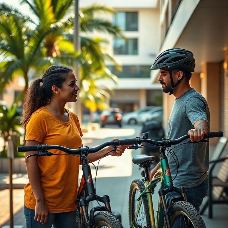 Atendente comparando peças de bicicleta com cliente diante da bancada